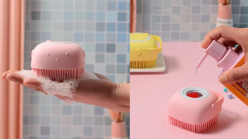 Dropshipping Soft Safe Silicone Pet Bathroom Massage Cleaning Grooming Tools Dog Cat Bath Brush with Shampoo Box (Pink), Small...