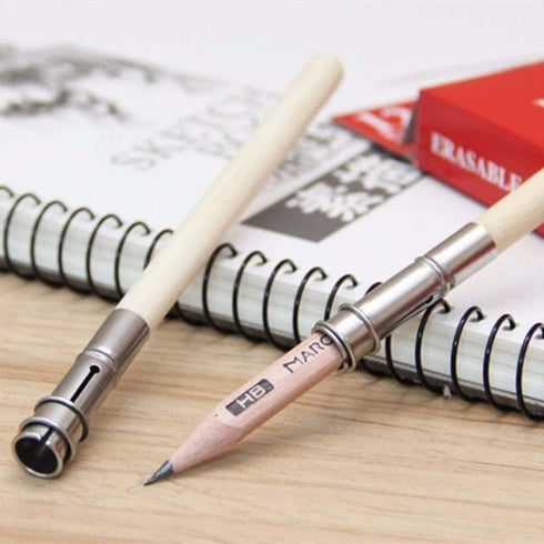 1Pc Light Brown Wooden Pencil Extender,Adjustable Art Pencil Lengthener,Pencil Extender Holder with Aluminum Handle for Colored Pencils Crayon Pen...
