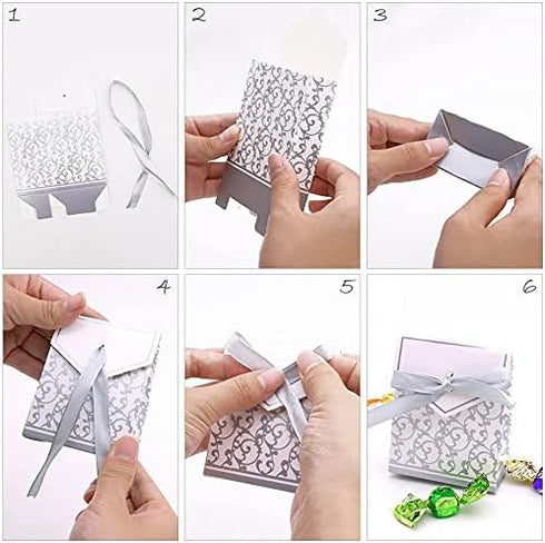 KUPOO 50PCS Candy Boxes,Silver Ribbon Wedding Favor Boxes Candy Bag Cake Box for Wedding Party Decoration Easter (silver)...