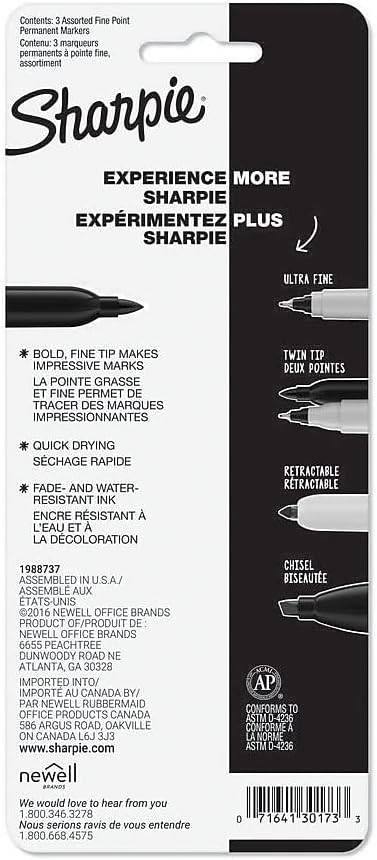Sharpie 30173PP Permanent Marker, Fine Point, 3/PK, Assorted...
