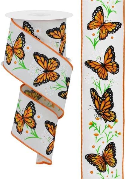 Butterflies & Daisies Wired Edge Ribbon, 10 Yards (2.5 Inch, Ivory)...