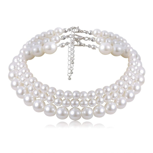 Missgrace Boho Women Wedding Party Prom Vintage Pearl Silver Gold Chain Chokers Multilayer Pearl Choker Necklace Pearl Simple Statement Bride Chok...