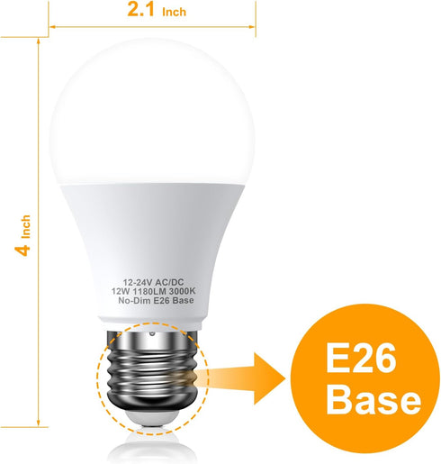 12V LED Light Bulbs, 12W 1050LM Warm White 3000K, 80W Equivalent 12-24Volt Low Voltage E26 Base AC/DC Light Bulbs for Off Grid Solar Lighting Mari...