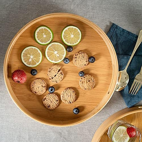 11.8 inch Bamboo Round Serving Tray, Wood Tray with Handles, Natural Wooden Tray for Ottoman, Kitchen/Coffee Table...