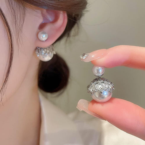 Silver Post Double Sided Pearl Rhinestone Ear Stud Earrings Crystal Twisted Stud Earrings Double Sided Ball Earrings for Women Fashion Jewelry Gif...