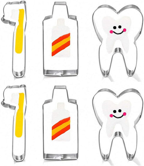 6Pcs Tooth Brush/Toothpaste/Teeth Cute Stainless Steel Cookie Cutter Fondant Cutter Baby Kids First Tooth Party Decorations Supplies Dentist Birth...