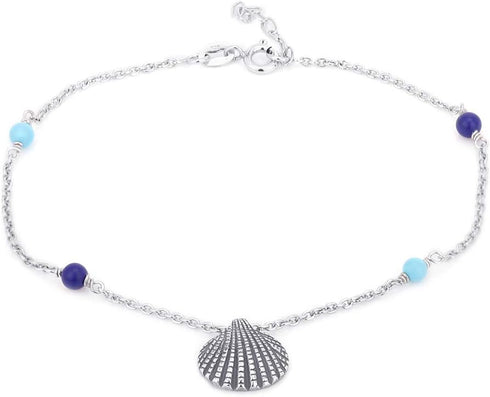 Sterling Silver Jewelry - Rhodium Plated 925 Stamp - Sea Shell Charm and Beads Anklet - Elegant Stylish Beautifully Designed for Women - 9" Long +...