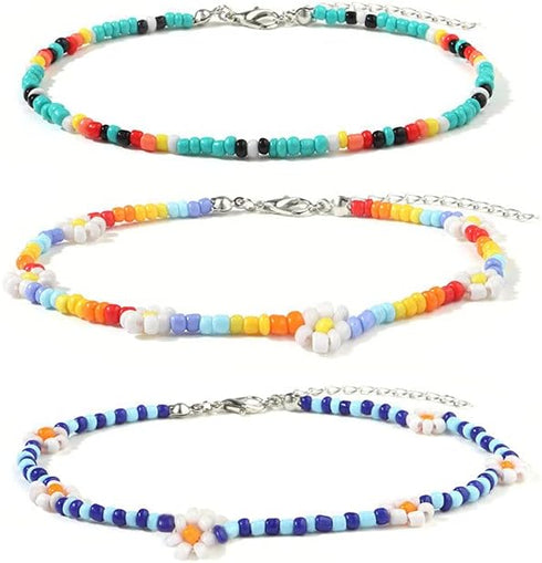 3 PCS Bead Flower Chain Anklet Bracelet Set for Women Resin Cute Daisy Ball Bead Seeds Fashion Colorful Handmade Adjustable Layered Chains Nickel ...