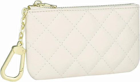 Premium Genuine Full Grain Leather Mini Coin Purse Keychain Pouch Card Holder for Men Women (Beige Quilted - LG)...