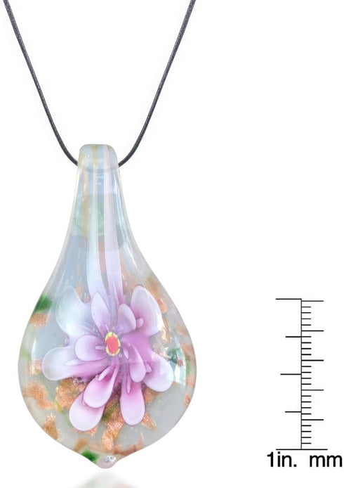 Handmade Murano Inspired Blown Glass Lampwork Art Flower Teardrop Necklace Pendant for Women ? Handcrafted Artisan Hypoallergenic Italian Style Je...