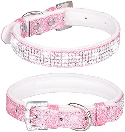 Rhinestone Dog Collar, Cute Dazzling Sparkling Leather Dog Cat Rhinestone Collar Crystal Diamond Pet Dog Puppy Collar (M:27-35CM, Pink-1)...