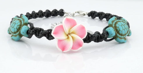 Turquoise Turtle Hemp Style Bracelet or Anklet - Pink Frangipani Flowers Hawaiian Bracelet - Adjustable...
