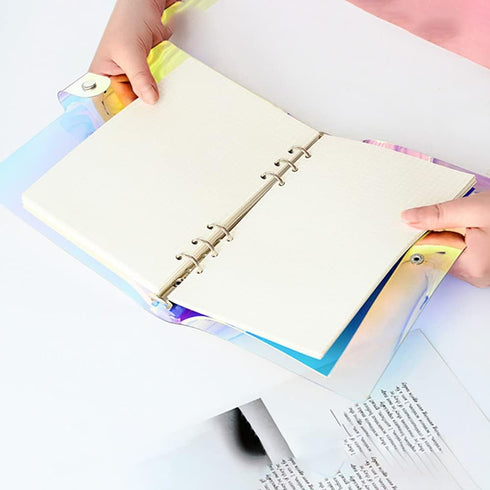 2 Pcs Clear Rainbow 6-Ring PVC Binder Cover Holographic Notebook Protector Shell with Button Closure Loose Leaf Folder Round Ring A5...