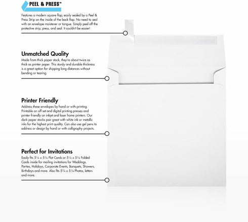 LUXPaper Square Invitation Envelopes | Peel & Press | 5 1/2" x 5 1/2" | Bright White | 80lb. Text | 50 Qty...
