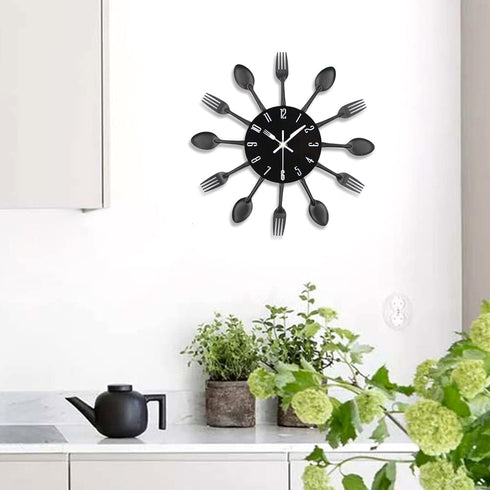 Timelike Kitchen Wall Clock, 3D Removable Modern Creative Cutlery Kitchen Spoon Fork Wall Clock Mirror Wall Decal Wall Sticker Room Home Decoratio...