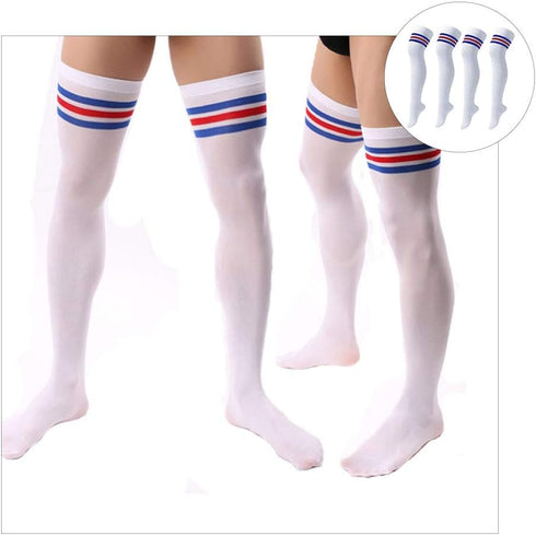 2Pairs/4Pcs Red & Blue Stripes Men Soccer Thigh Stocks High Stockings Velvet Sport Striped Long Socks (Red & Blue)...