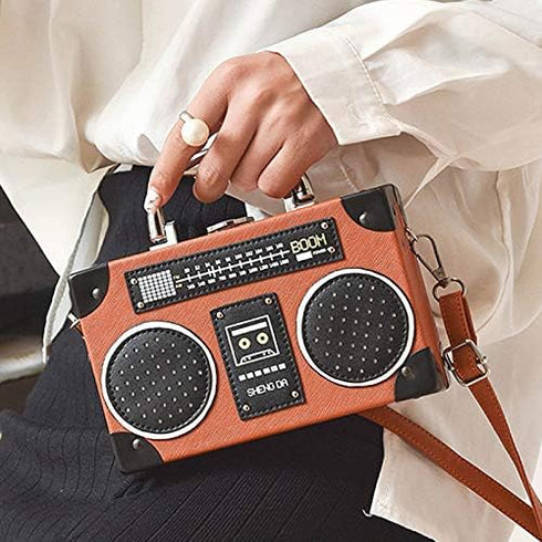 Vintage Radio Clutch Handbag Leather Top Handle Crossbody Shoulder Bag...