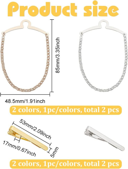 FINGERINSPIRE 4 Pack Men for Tie Chain Classic Platinum & Golden Tie Clips Link Chain Set Men's Noble Necktie Tie Chain With Collar Tie Clasps for...