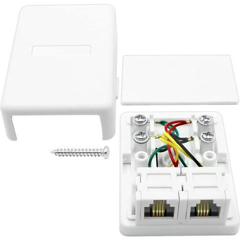 NECABLES Phone Jack Surface Mount Dual Port Telephone Jack Box 4 Screw Terminals to 2 RJ11 6P4C Female White...