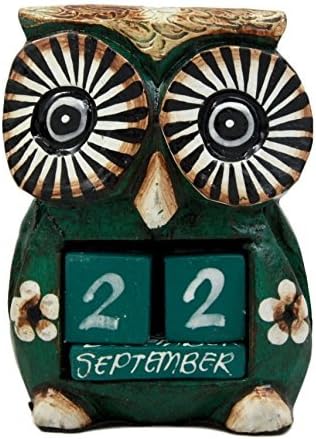 Hand Made Wood Artisans "Burung Hantu" Green Hypnosis Forest Owl Desktop Calendar Figurine 4.5"H...