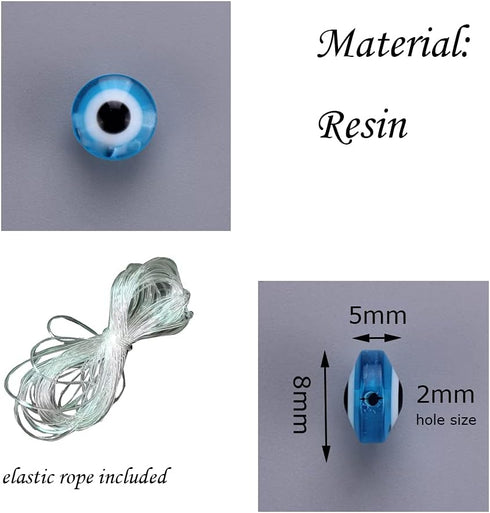 200pcs Evil Eye Beads Aqua Blue Resin Evil Eye Spacer Beads Charms with Elastic Rope for DIY Jewelry Bracelet Necklace Earring Crafts Making Handm...