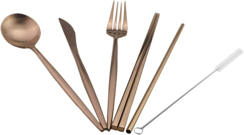 Reusable Travel Utensils, 7 Piece Portable 304 Stainless Steel including Knife Fork Spoon Chopsticks Cleaning Brush Straws Portable Pouch, Eco-fri...