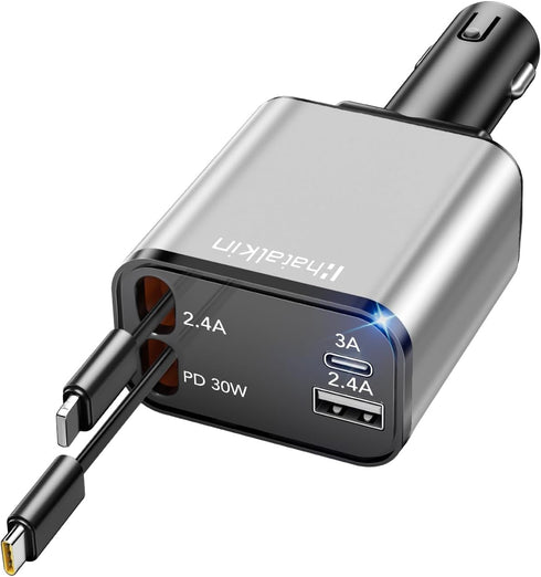 HATALKIN Retractable Car Charger 4 in 1, 69W Fast Car Phone Charger, 2 Retractable Cables and USB C Car Charger, Car Charger Adapter for iPhone 16...