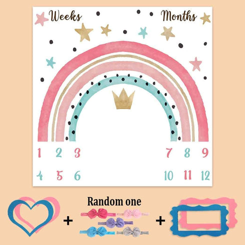 Colorful Rainbow Baby Monthly Milestone Blanket, Girl Crown Star Pattern, Newborns 1 to 12 Months Unisex Include 4 Frames and 1 Headband 47"x47" B...