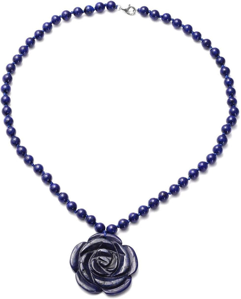 Shop LC Carved Rose Blue Lapis Lazuli Beaded Necklace for Women 925 Sterling Silver Rhodium Plated Gifts for Women Size 18" Birthday Gifts...