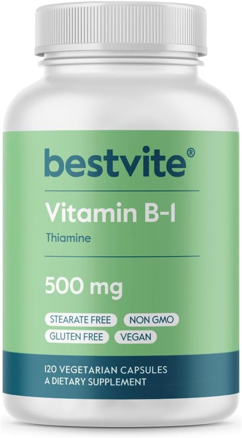 BESTVITE Vitamin B-1 (Thiamin) 500mg (120 Vegetarian Capsules) - No Stearates - Vegan - No Calcium Carbonate - Non GMO - Gluten Free - No Silicon ...