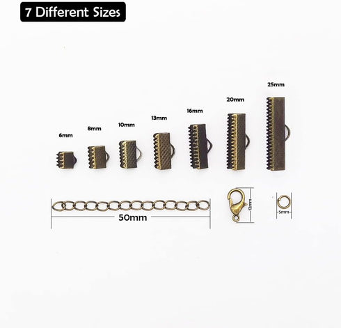 Inspirelle 100 Sets Assorted Size Bronze Ends for Ribbon Bracelet Bookmark Making Crimps Kit with Lobster Clasps and Chain Extenders...