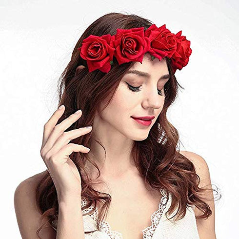 Tvoip Rose Floral Crown Garland Flower Headband Headpiece for Wedding Festival (Red)...