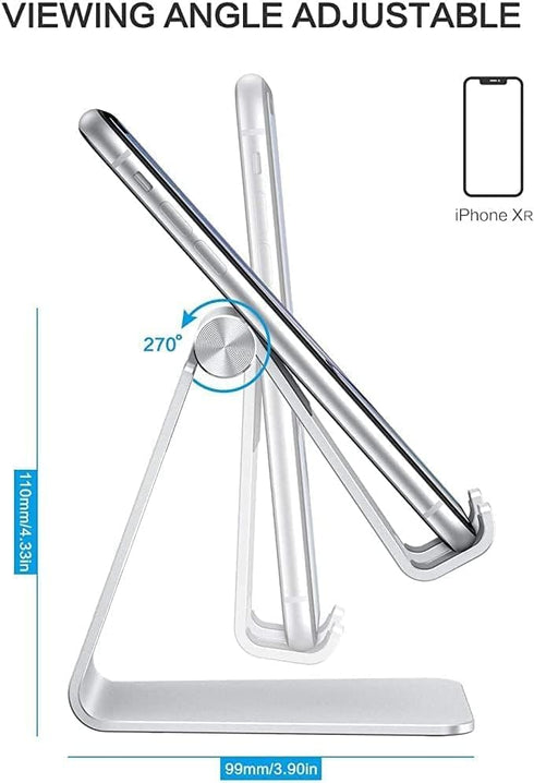 Adjustable Cell Phone Stand, OMOTON Aluminum Desktop Cellphone Stand with Anti-Slip Base and Convenient Charging Port, Fits All Smart Phones, Silv...