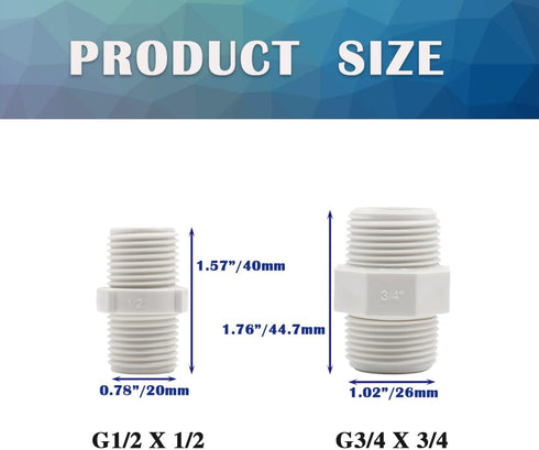 12PCS 3/4 Inch PVC Pipe Fitting Hex Nipple G3/4 Male X G3/4 Male Coupling Adaptor of Thread Plumbing PIPE Connection HE023-3/4...