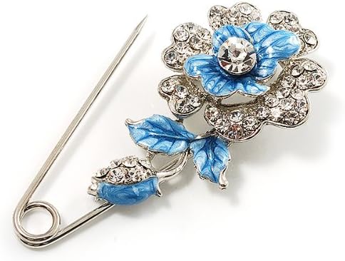 Silver Tone Crystal Rose Safety Pin Brooch (Blue)...