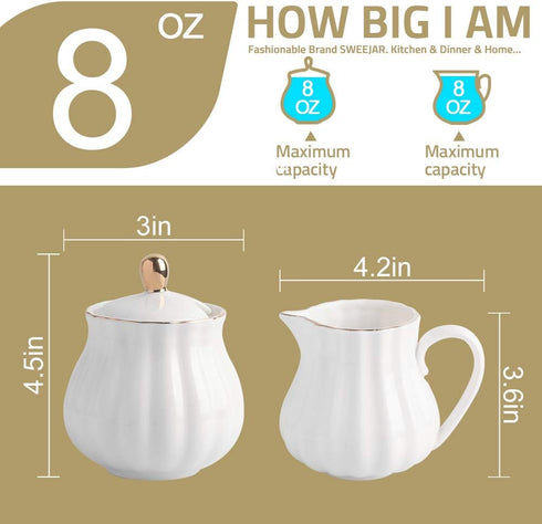 Sweejar Royal Ceramic Sugar and Creamer Set, 3 Piece Set with Cream Pitcher, Sugar Bowl, Sugar Set with Lid & Spoon, Coffee Serving Set Wedding Gi...