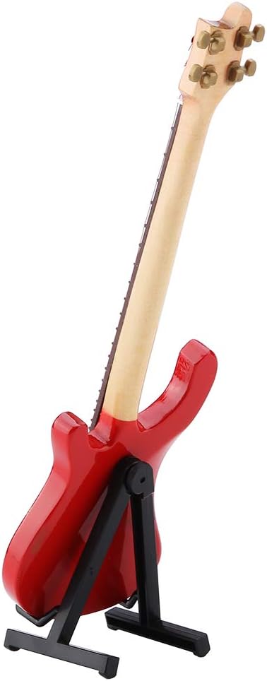 Red Miniature Bass Guitar Wood Replica Model Ornament with Adjustable Stand Mini Art Projects Christmas Gift...