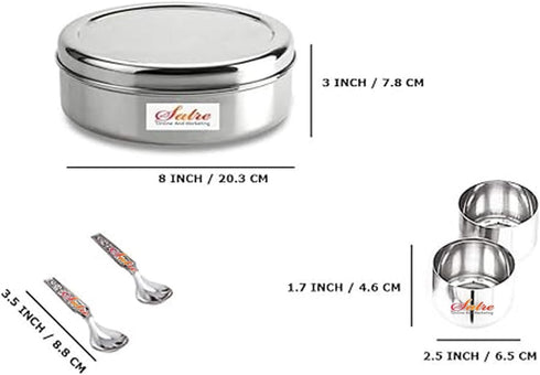 Satre Online and Marketing Stainless Steel Spice Box Without Lid,Stainless Steel Masala Box,Indian Spice Box with 7 Spice Containers and Spoons...