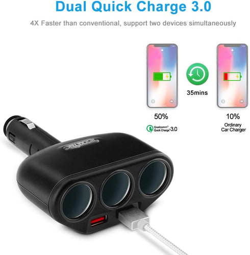 Rocketek 3-Socket 2-Port USB Quick Charge 3.0 Car Charger Splitter Adapter,120W 12V/24V DC Outlet Multi Socket Car Cigarette Lighter Splitter QC3....