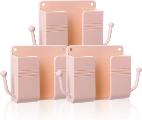 3PC Self-Adhesive Wall Mount Phone Holder, Pink Phone Stand for Bed, Wall-Mounted Waterproof Shower Phone Holder Remote Control Holder with Hooks,...