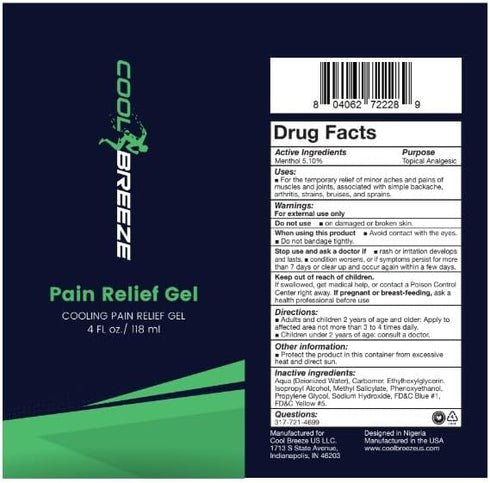 Cool Breeze Pain Relief Gel – Topical Pain Relief Gel for Muscles Soreness and Joint Pain and Aches 4oz Tube...