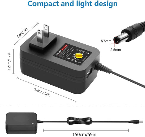 SHNITPWR 30W Universal Power Supply 3V 4.5V 5V 6V 7.5V 9V 12V Adjustable Variable AC/DC Adapter with 5V 2.1A USB Port, 100V-240V AC to DC 3V~12V C...