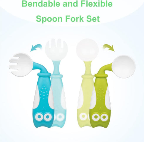 Bendable Baby Spoon Fork Set with Travel Case Feeding Training Toddler Utensils BPA Free Easy Grip Kids Tableware (Blue)...
