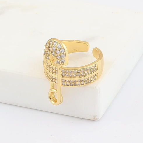 NewZenro Wide Flat CZ Safety Pin Chunky Open Rings Fashion Cubic Zirconia Paved Expandable Engagement Promise Statement Band Rings 14k Gold Plated...