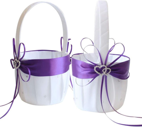 2PCS Purple Flower Girl Basket Double Heart Rhinestone Elegant For Wedding Ceremony Party Favor...
