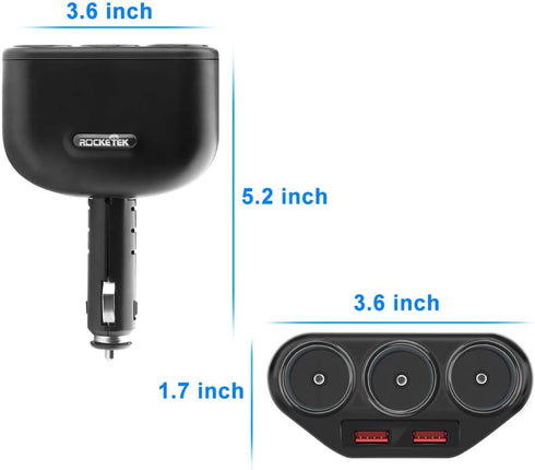 Rocketek 3-Socket 2-Port USB Quick Charge 3.0 Car Charger Splitter Adapter,120W 12V/24V DC Outlet Multi Socket Car Cigarette Lighter Splitter QC3....
