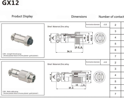 3.28 ft GX12 4 Pin Male to Female Head Aviation Cordset, GX12 4Pins Female to Male Connector Electrical Cable Panel Mount Circular Metal Aviation ...