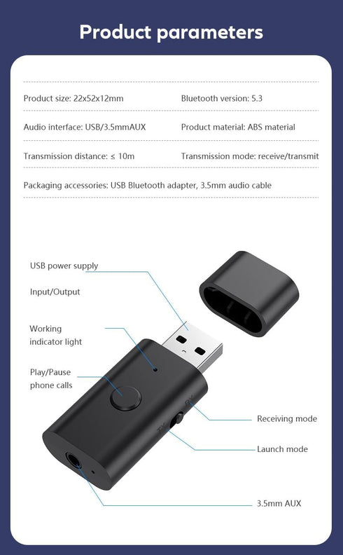Bluetooth 5.3 Transmitter Receiver, 3.5mm Aux Wireless USB Adapter, Low Latency, Built in Mic, Music Streaming, Handsfree Calls, Driver Free- for ...