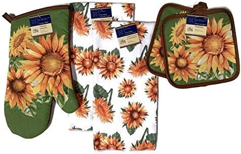 Home Collection Sunflower Kitchen Linen Bundle 1 Quilted Pot Holders, 2 Kitchen Towels 1 Oven Mitt...