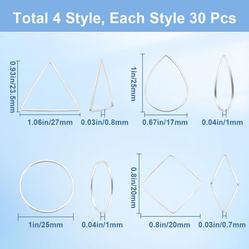 1 Box 120Pcs 4 Styles Silver Beading Earring Hoop Beaded Earring Making Hoops Linking Ring Teardrop Square Triangle Earring Components Findings fo...